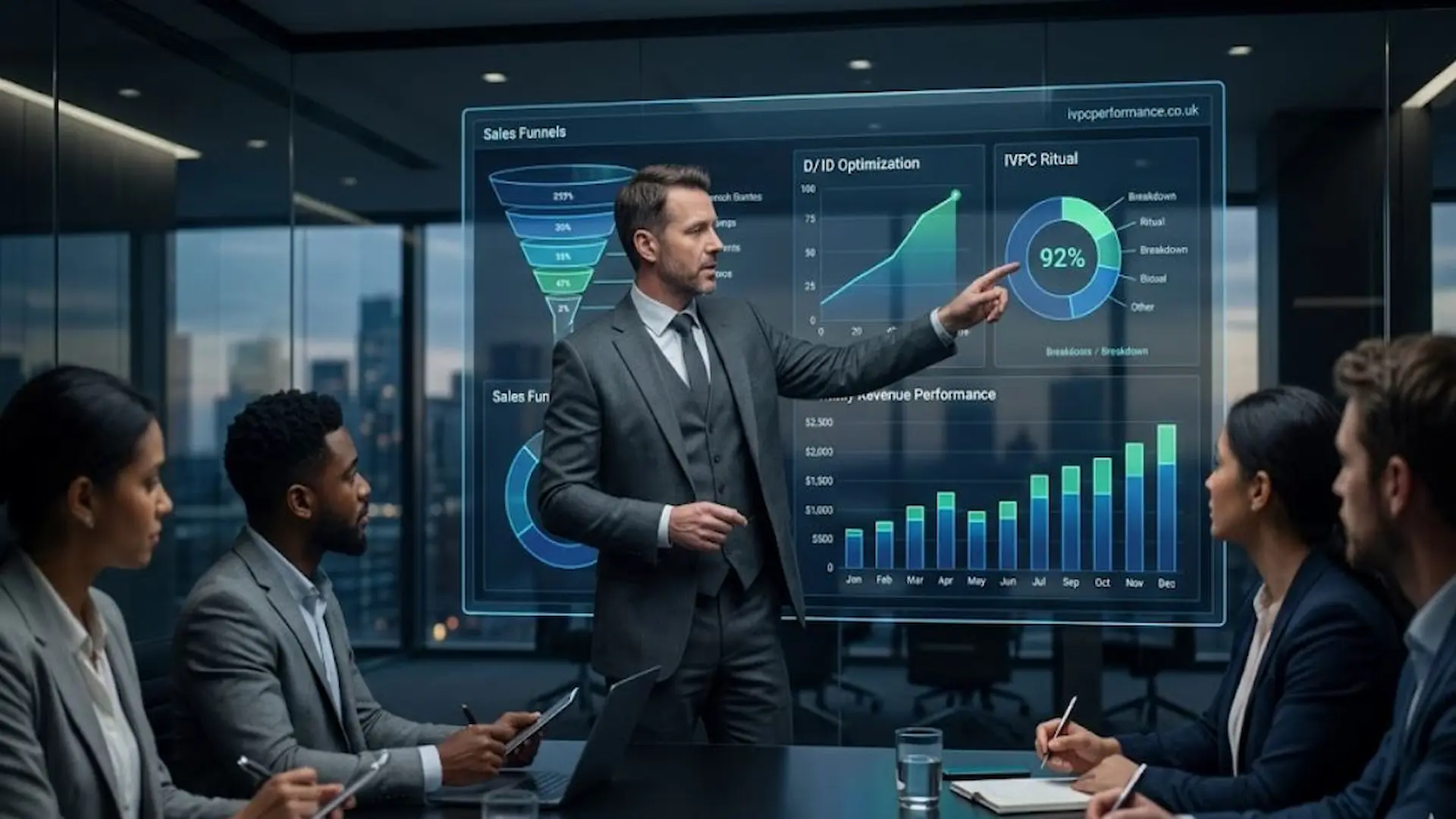 B2B Telesales Training session led by IVPC Performance showing data-driven ratios, the IVPC Ritual, and revenue funnel optimization on a futuristic smart-glass dashboard.