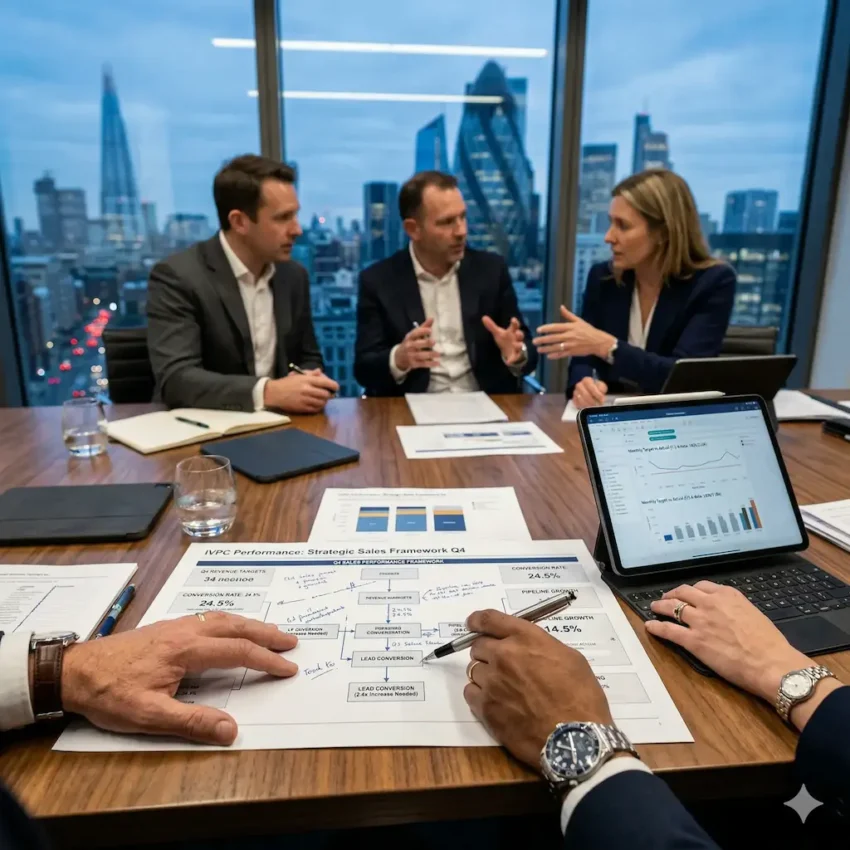 IVPC Performance strategic consulting team in a London boardroom analyzing a B2B sales performance framework for revenue growth.