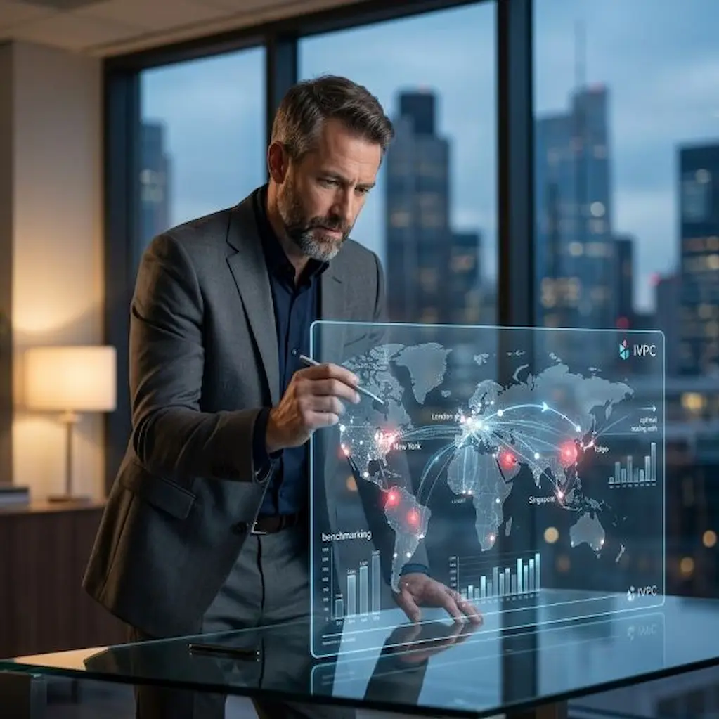 Professional corporate strategist analyzing a 3D holographic global sales pipeline and revenue leak map using the IVPC audit framework.
